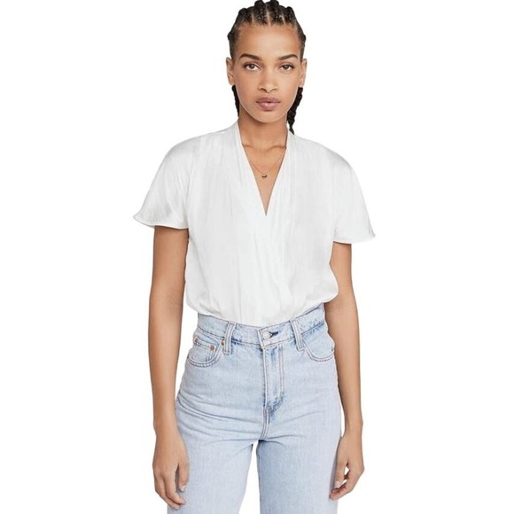 NWT Paige Dijon thong bodysuit, white, extra small, draped mock wrap front - Picture 2 of 13